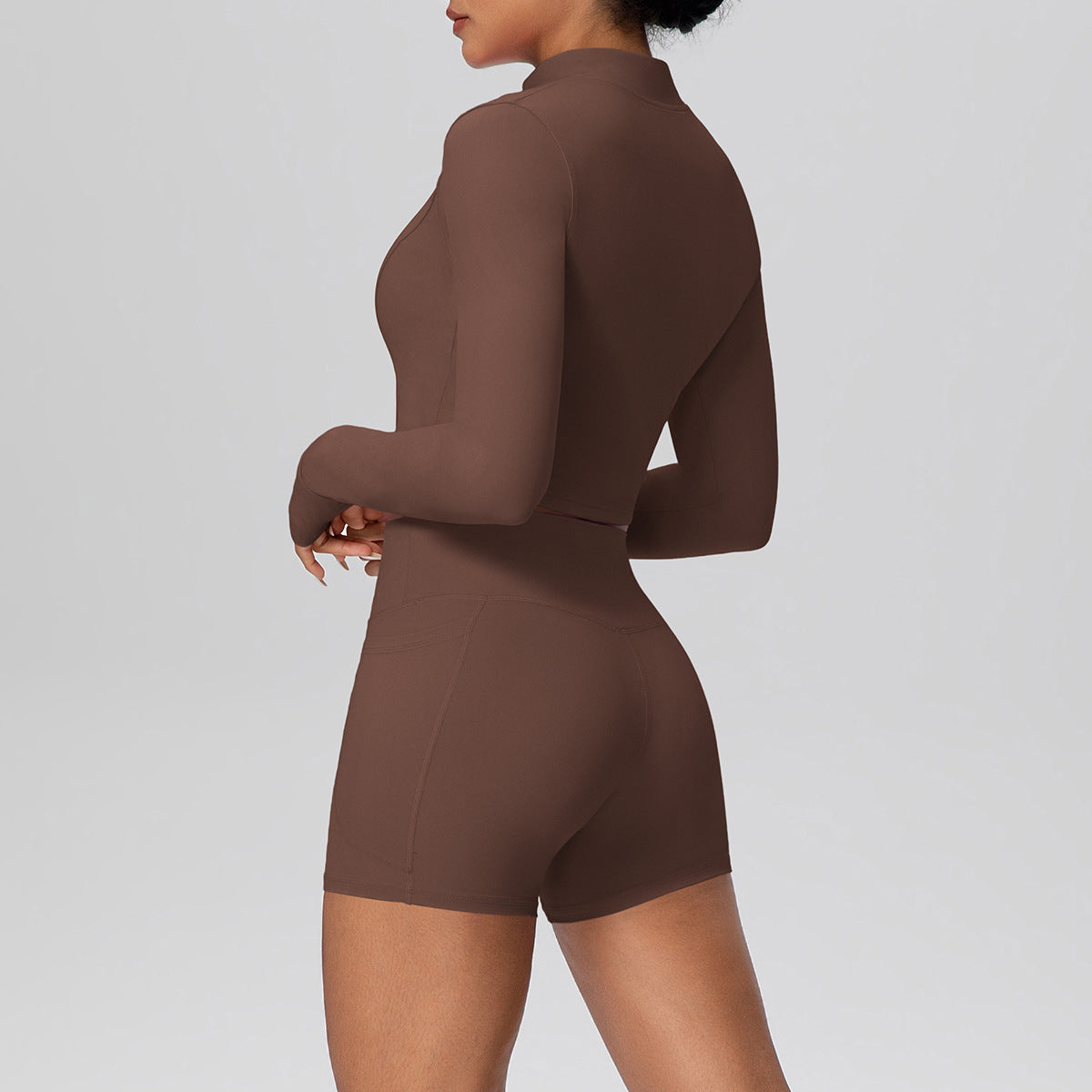 High Waist Nude Feel Thumb Hole Zip Long Sleeve Coat Pocket Shorts Yoga Clothes Fitness Hip Lifting Yoga Set
