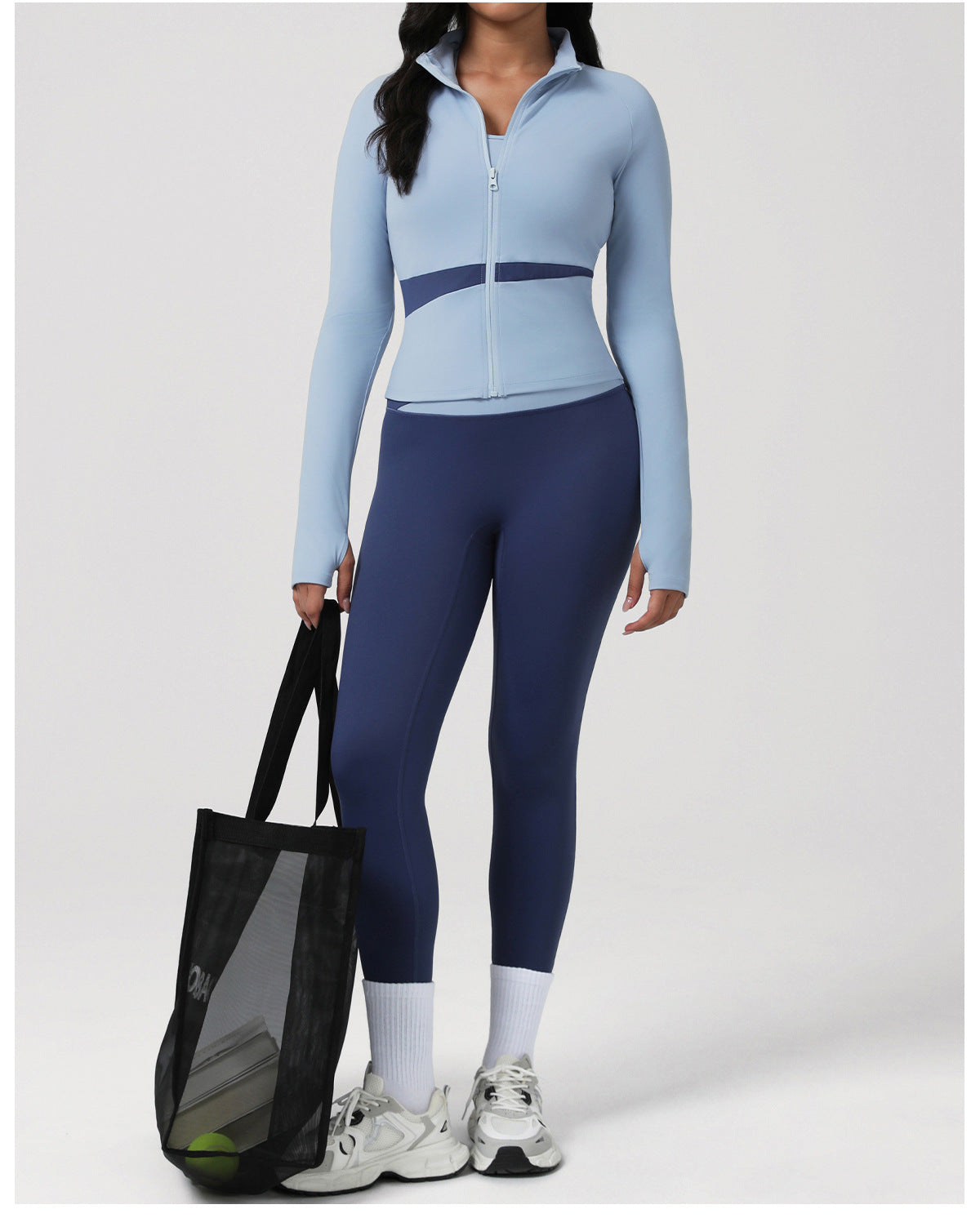 Contrast Color Yoga Women Long Sleeved Sports Bra Top Hip Lifting Tights Morning Running Step Fitness Set