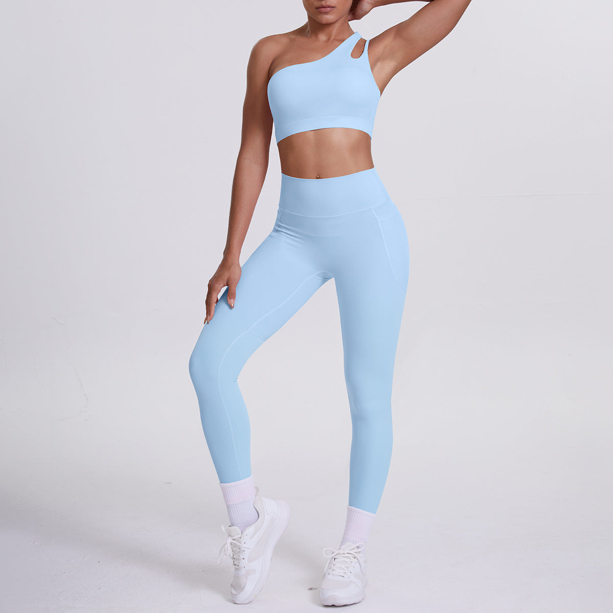 Oblique One Shoulder Beauty Back Yoga Bra Nude Feel Sports Underwear Running Yoga Pants Fitness Pocket Trousers Set
