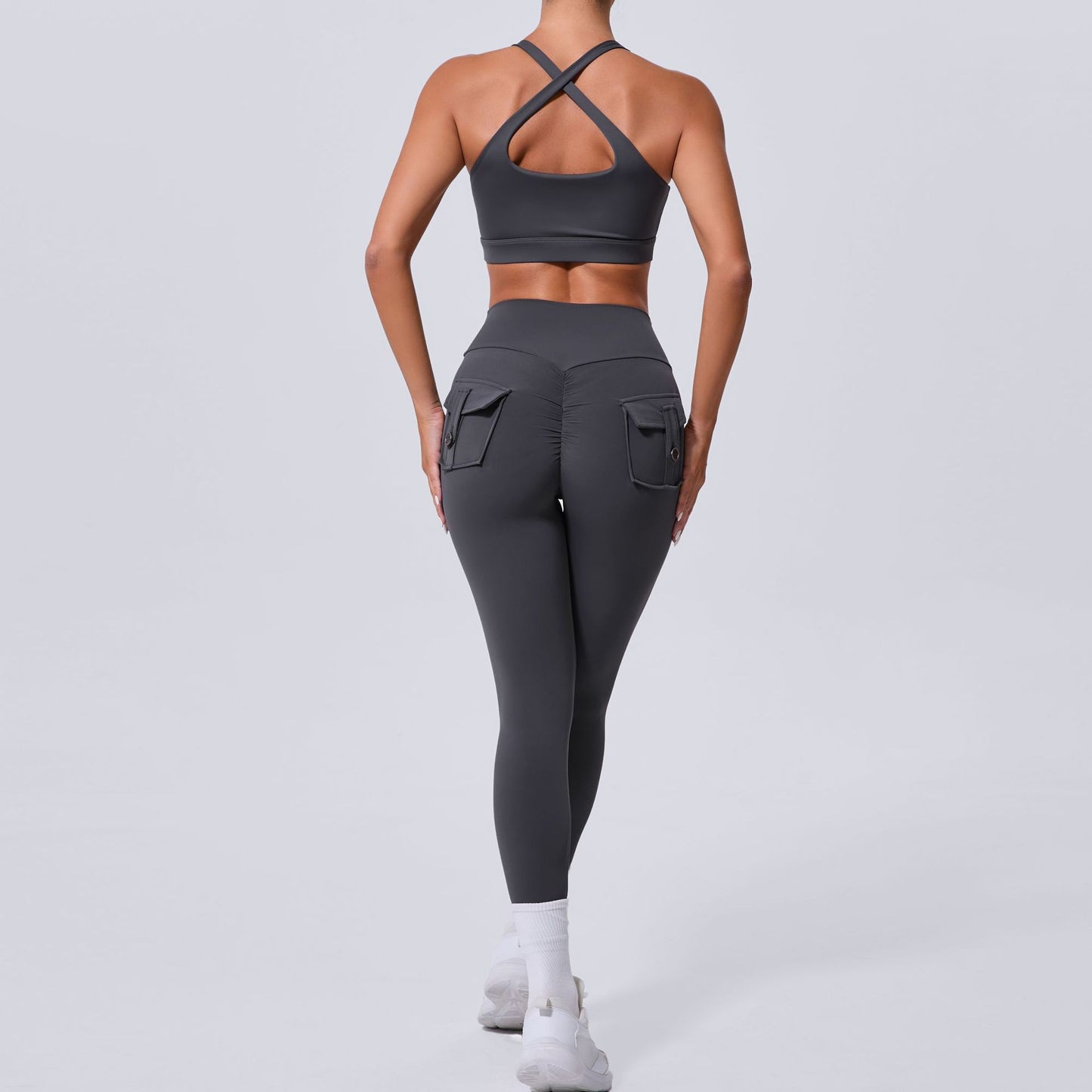 Autumn Sand Winter Pocket Nude Feel Tight Yoga High Waist Quick Drying Running Sports Workout Clothes Two Piece SetS