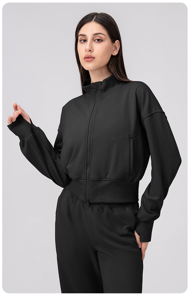 Autumn Winter Exercise Coat Women Loose Collared Yoga Jacket Casual Running Fitness Top Zipper Cardigan
