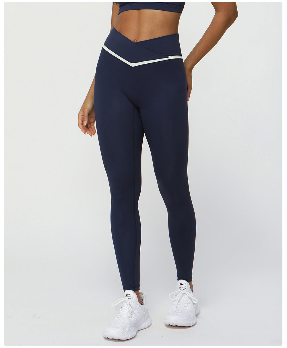 Body Shaping Hip Lifting Yoga Pants Contrast Color Cross V Waist Tight Sports Pants Women Outdoor Running Workout Ankle Length Pants