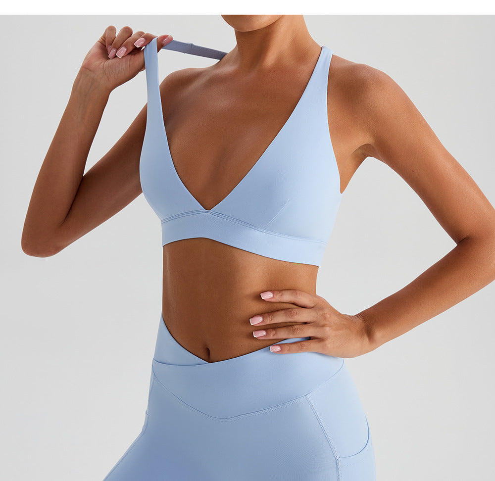 Deep V Plunge Outer Wear Nude Feel Running Sports Bra Cross Back Shaping Shockproof Push up Yoga Clothes Underwear for Women