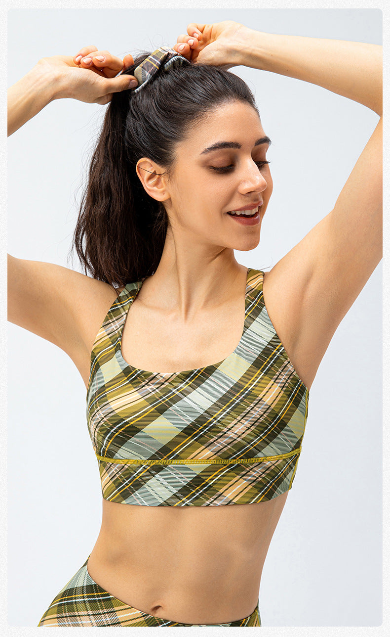 Nude Feel Yoga Sports Bra Houndstooth Shockproof Running Vest with Chest Pad Fitness Bra Plaid Element