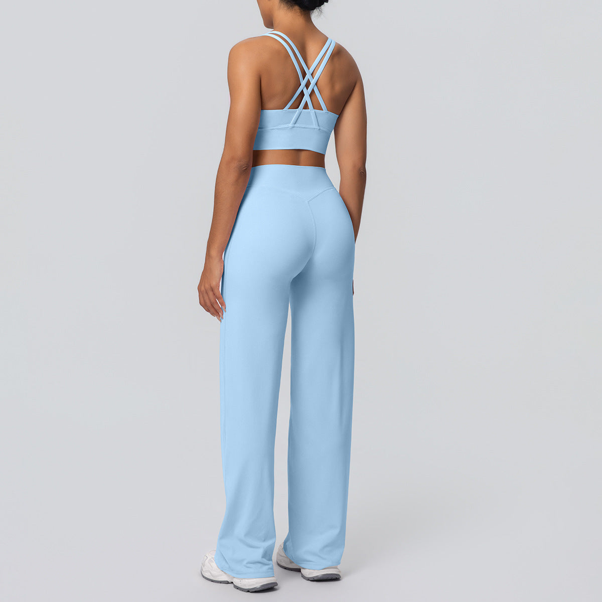 Sexy Cross Shoulder Strap Backless Bra Solid Color Baggy Straight Trousers Fitness Pants Yoga Set for Women