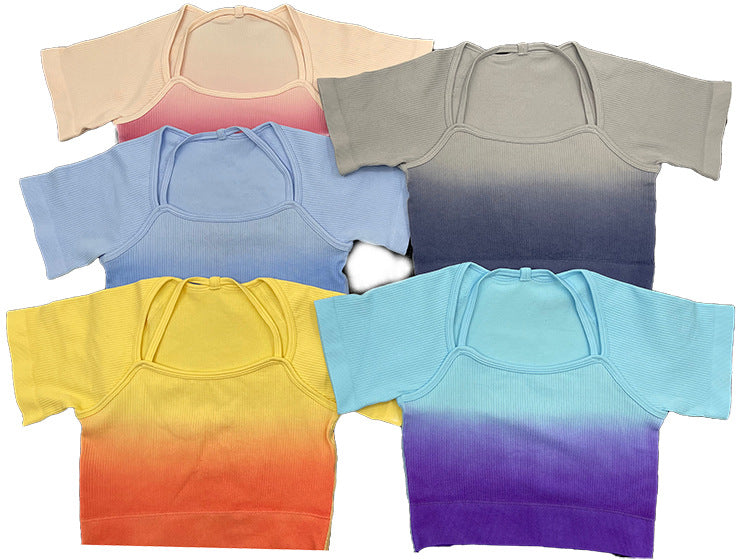 Summer Gradient Women Clothing Yoga T shirt Short Sleeved Sports Shorts Tight Cropped Stretch Two Piece Set Women