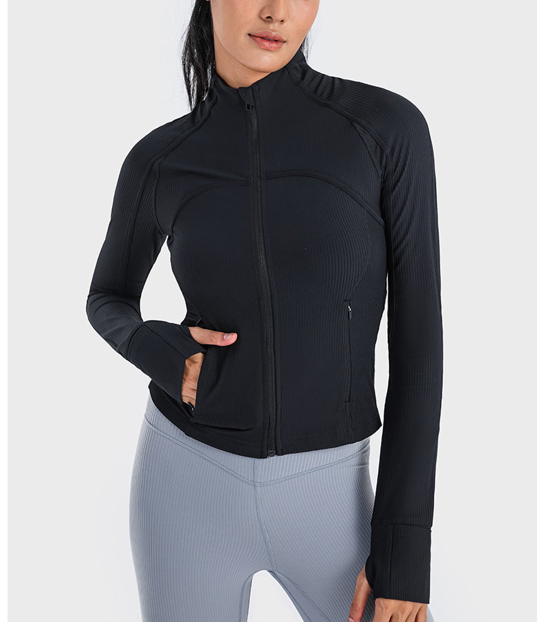 Vertical Rib High Elastic Tight Wicking Wet Yoga Jacket Sports Running Zipper Short Jacket