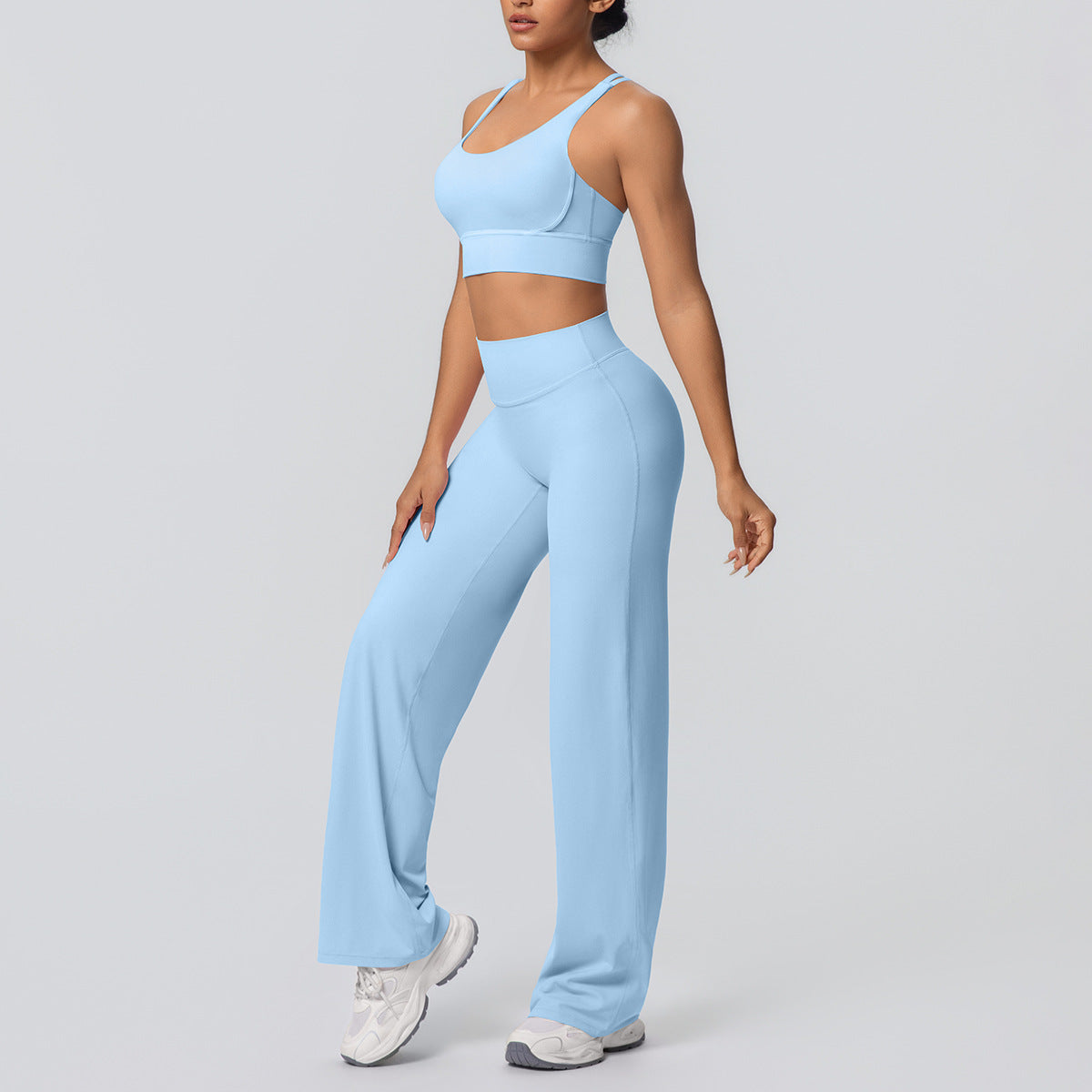 Sexy Cross Shoulder Strap Backless Bra Solid Color Baggy Straight Trousers Fitness Pants Yoga Set for Women