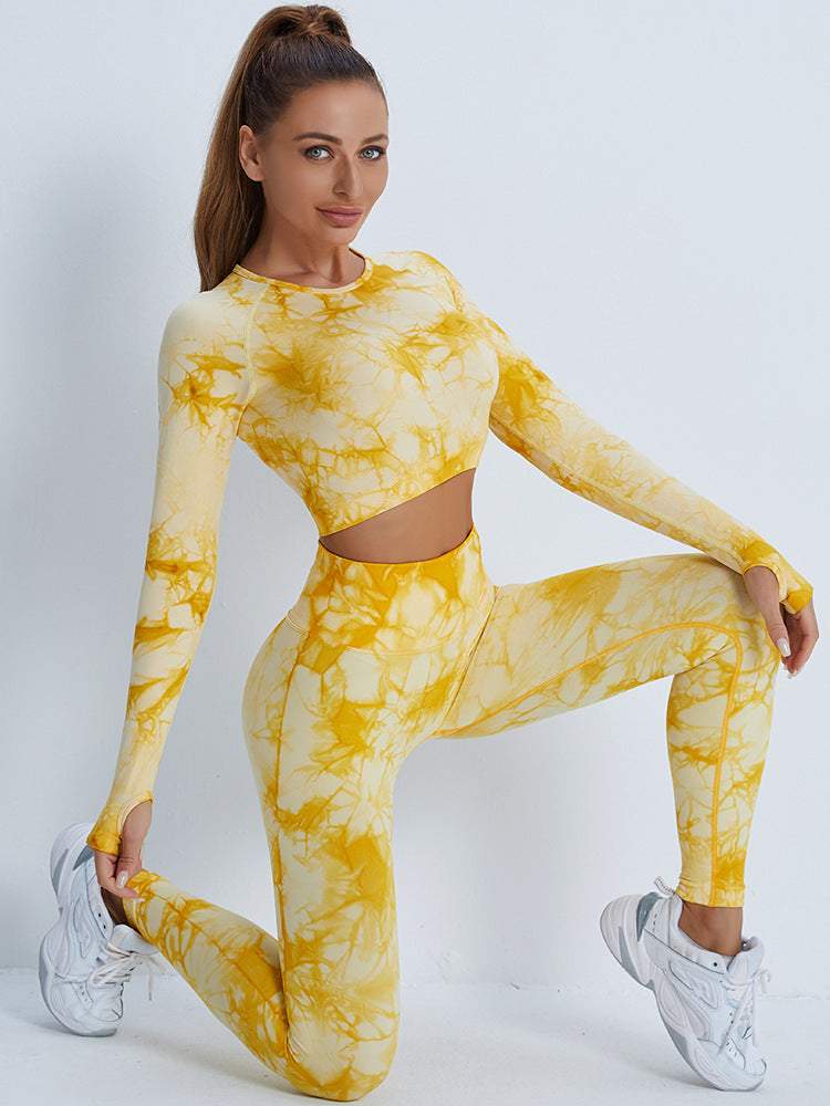 Peach Hip Fitness Pants Tie Dyed Yoga Clothes Nude Feel Brushed Sports Long Sleeve Workout Exercise Pants Yoga Suit Women