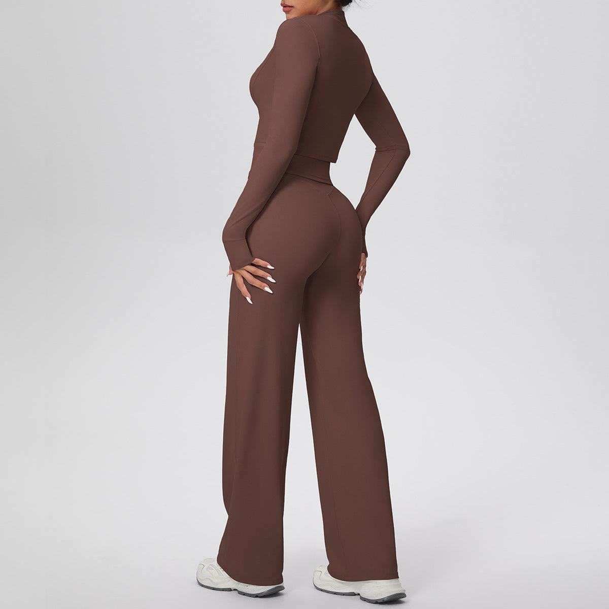 Women Solid Color Zip Long Sleeve Coat Oblique Shoulder Vest Baggy Straight Trousers Workout Clothes Yoga Three Piece Set