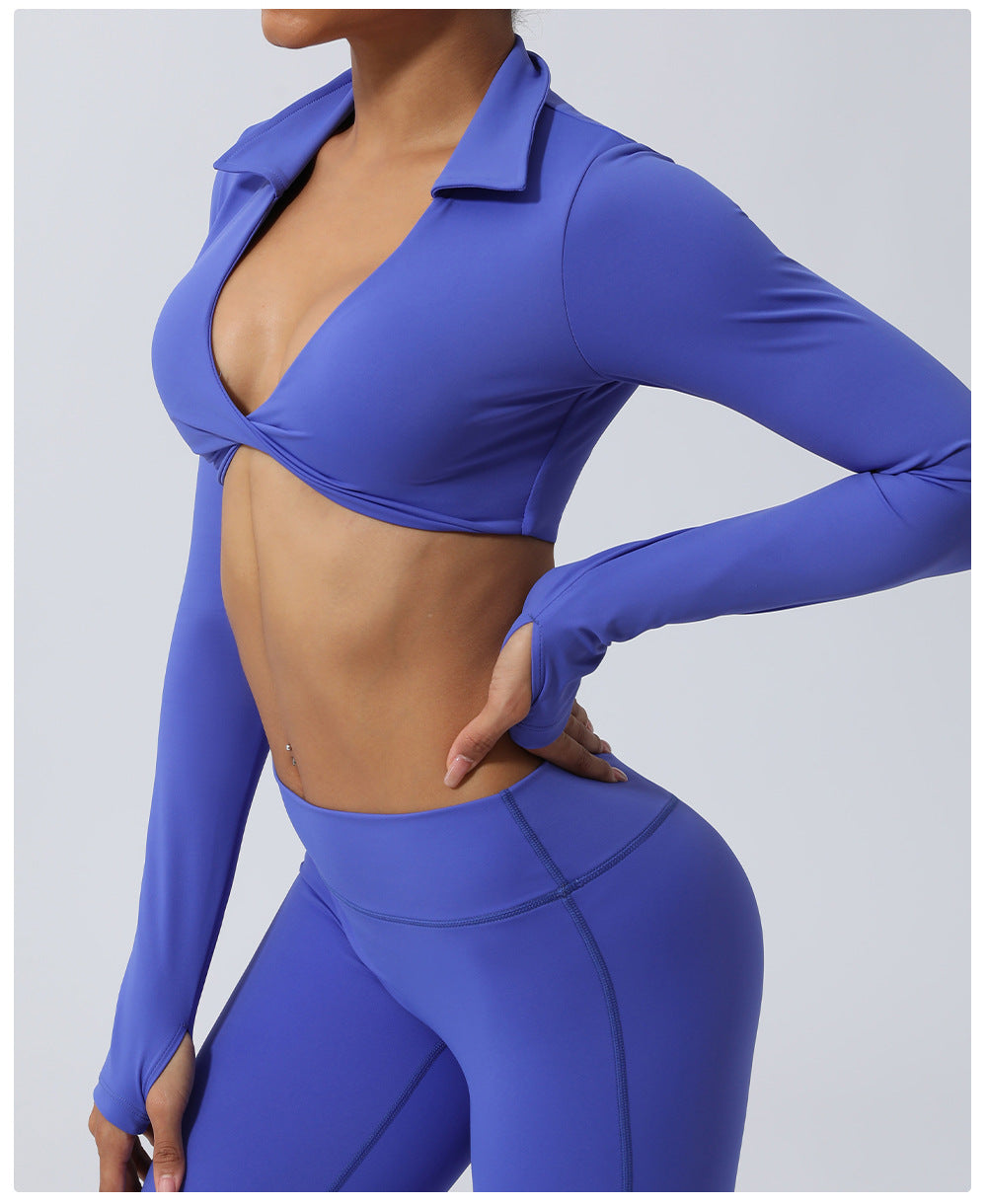 Nude Feel Collared Kinky Sports Top Sexy Cropped Exposed Yoga Clothes with Chest Pad Indoor Training Workout Long Sleeve T shirt