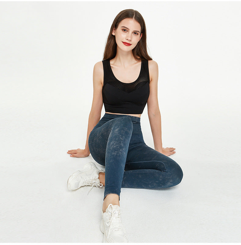 Women Retro Imitation Denim Stone Washed Yoga Pants High Waist Elastic Running Fitness Tight Sports Pants