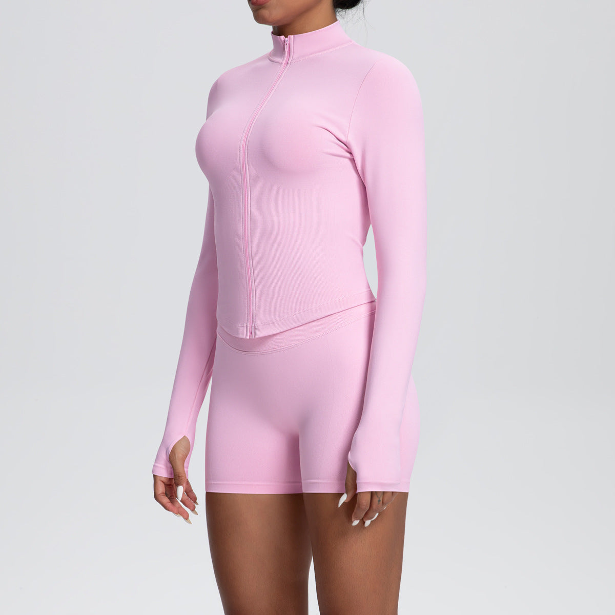 Stand Collar Knitted Long Sleeve Zipper Yoga Jacket Tight Quick Drying Yoga Shorts Fitness Yoga Wear Set for Women