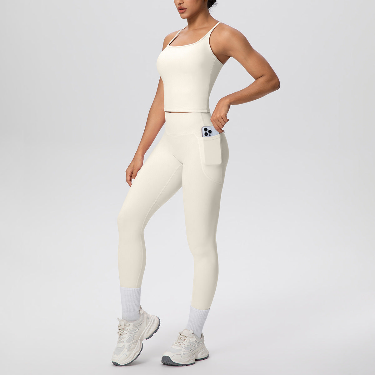 Solid Color Skin Friendly H Shaped Beauty Back Sports Vest Pocket Yoga Pants Leggings Fitness Yoga Wear Set for Women