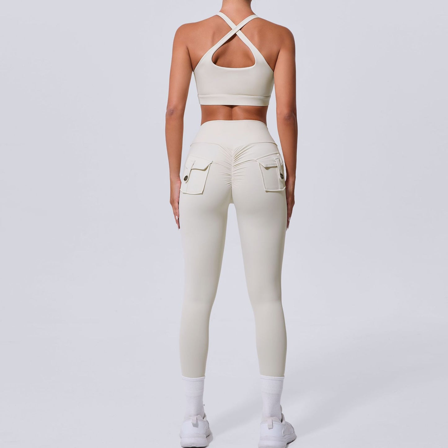 Autumn Sand Winter Pocket Nude Feel Tight Yoga High Waist Quick Drying Running Sports Workout Clothes Two Piece SetS
