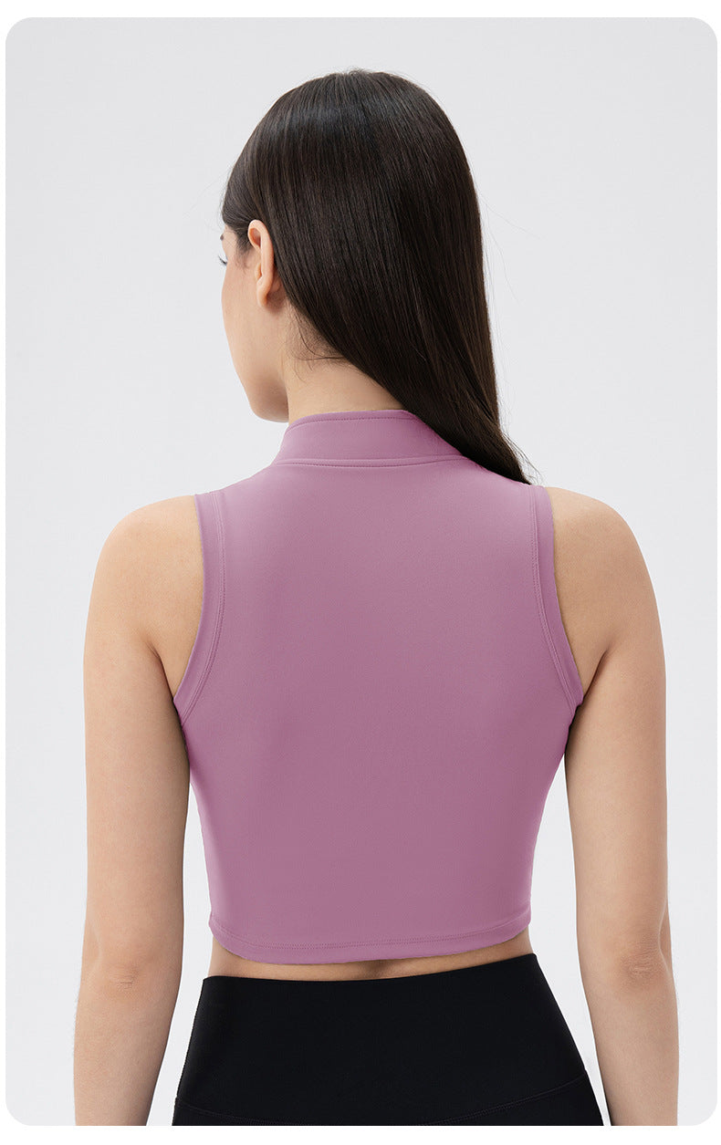 Sleeveless Stand Collar Slimming Yoga Clothes Vest Front Zipper Skinny Exercise Top with Chest Pad Running Workout Vest Women