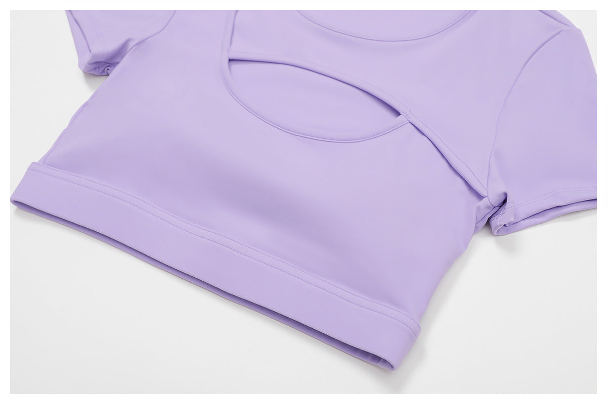 Sollinarry Summer Yoga Short Sleeve Hollow Out Cutout out Tight Shockproof Nude Feel Sports T shirt Running Fitness Sports Top