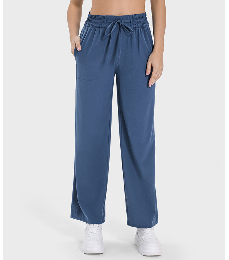 Pocket Slim Fit Slimming High Waist Hip Lift Casual Sports Pants Women Elastic Drawstring Waist Straight Leg Pants