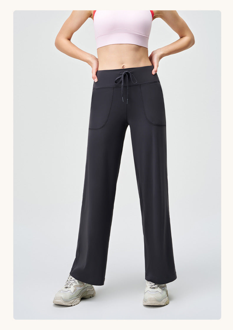 Spring Summer Micro Pull Yoga Pants Women High Waist Belly Contracting Outer Wear Hip Lifting Shaping Side Pocket Draping Wide Leg Pants