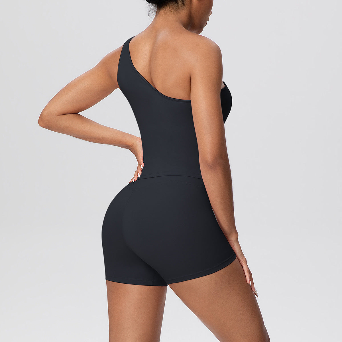 Women Solid Color Oblique Shoulder Strap Beauty Back Exercise Vest Yoga Pants Running Slim Shorts Fitness Yoga Wear Set