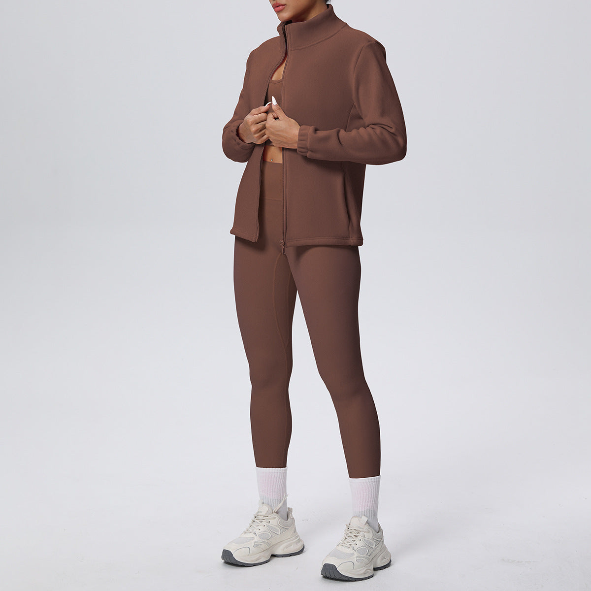 Skinny Yoga Pants High Waist Hip Lift Nude Feel Sports Long Sleeve Zipper Fleece Padded Coat Workout Clothes Yoga Suit