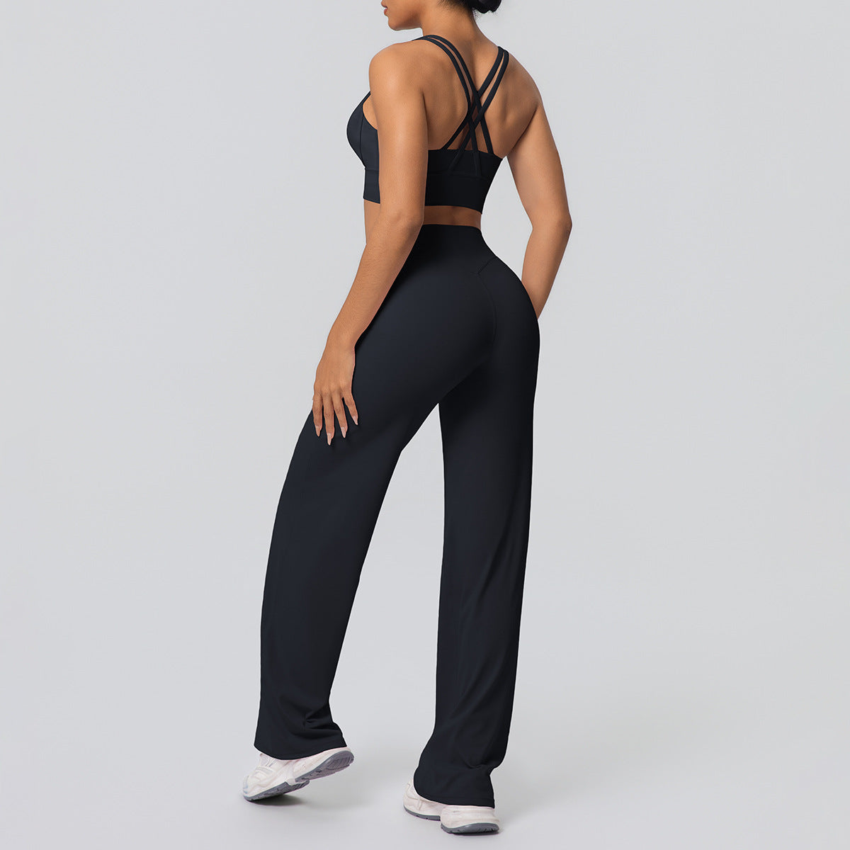 Sexy Cross Shoulder Strap Backless Bra Solid Color Baggy Straight Trousers Fitness Pants Yoga Set for Women