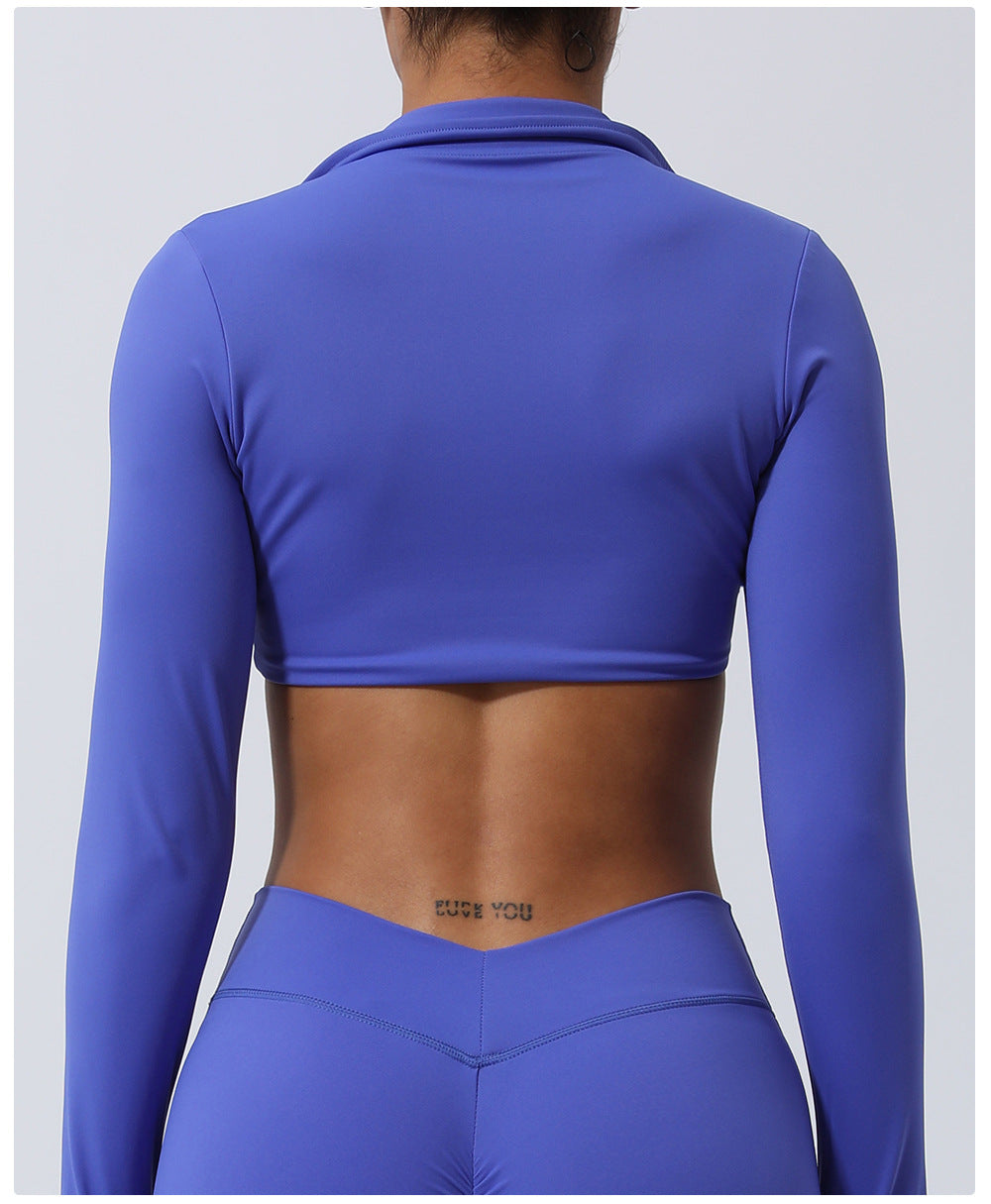 Nude Feel Collared Kinky Sports Top Sexy Cropped Exposed Yoga Clothes with Chest Pad Indoor Training Workout Long Sleeve T shirt