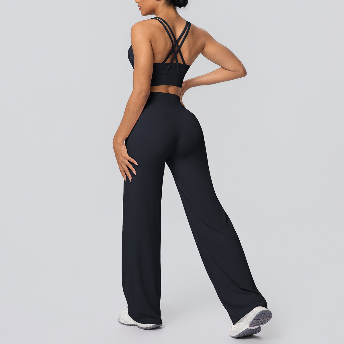 Sexy Cross Shoulder Strap Backless Bra Solid Color Baggy Straight Trousers Fitness Pants Yoga Set for Women