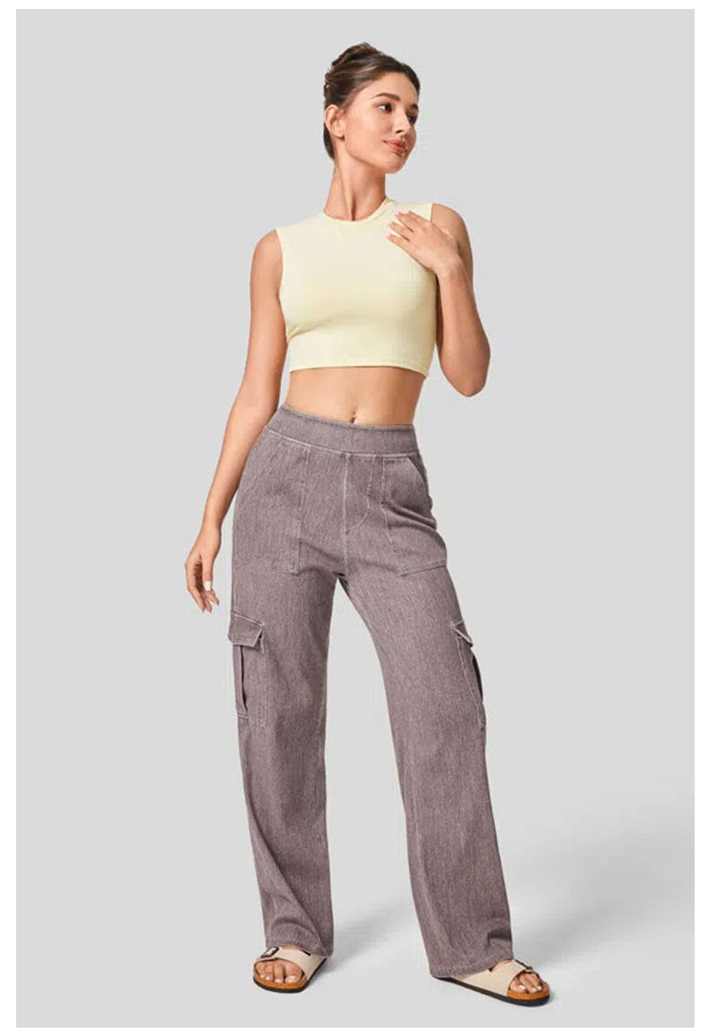 Color Denim Fitness Pants Women Multi Pocket Sports Casual Working Pants