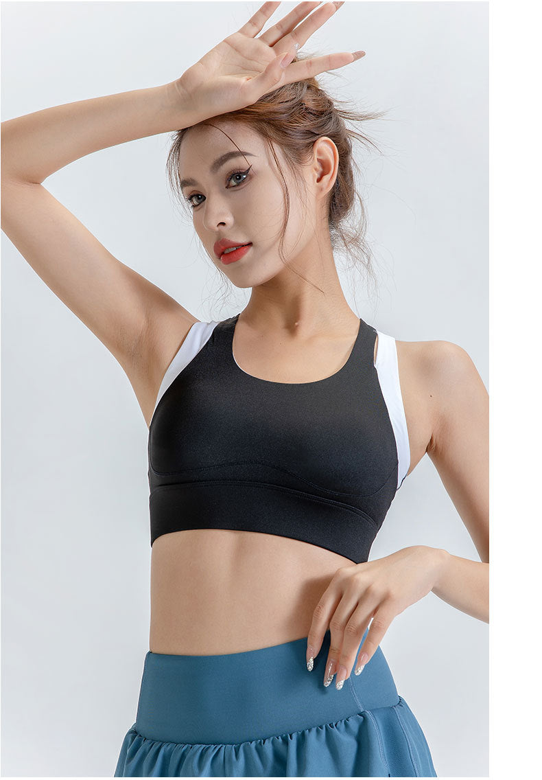 Contrast Color Sports Yoga Shockproof Faux Two Piece Bra Fixed Chest Pad H Shaped Beauty Back Underwear Women Workout Top