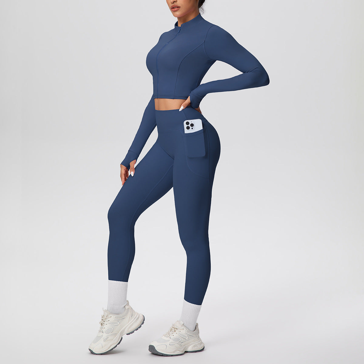 Tight High Waist Nude Feel Thumb Hole Zip Long Sleeve Coat Pocket Yoga Clothes Fitness Hip Lifting Yoga Set