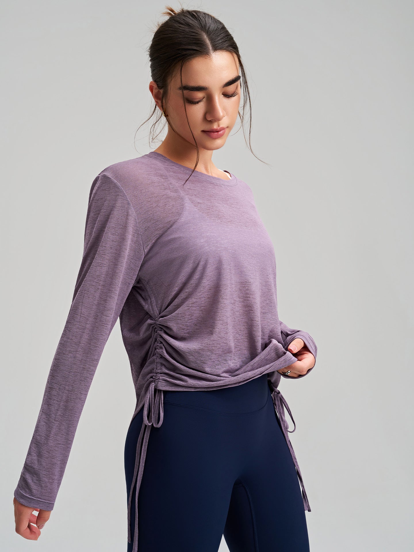 Outer Wear round Neck Yoga Blouse Long Sleeve Thigh Length Side Drawstring T shirt Loose Breathable Fitness Running Yoga Clothes