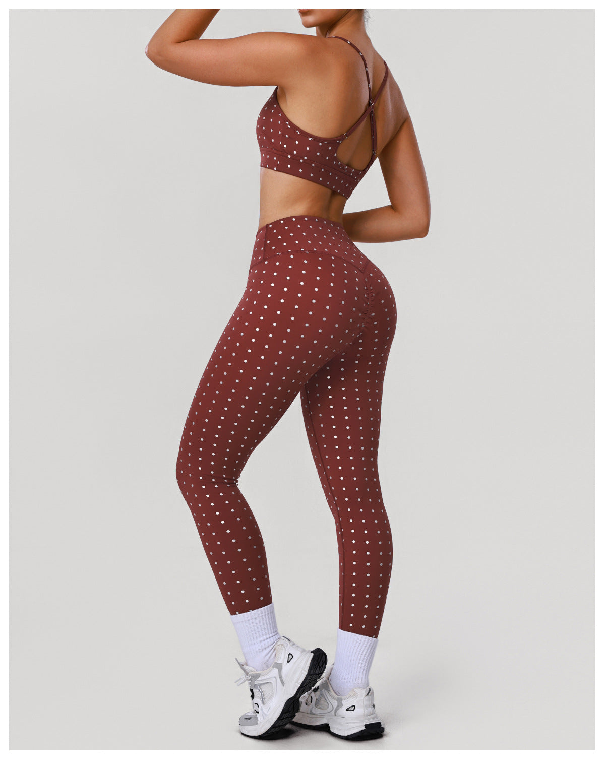 Silver Polka Dot Yoga High Elastic Tights Push up Sports Bra Fitness Two Piece Sets