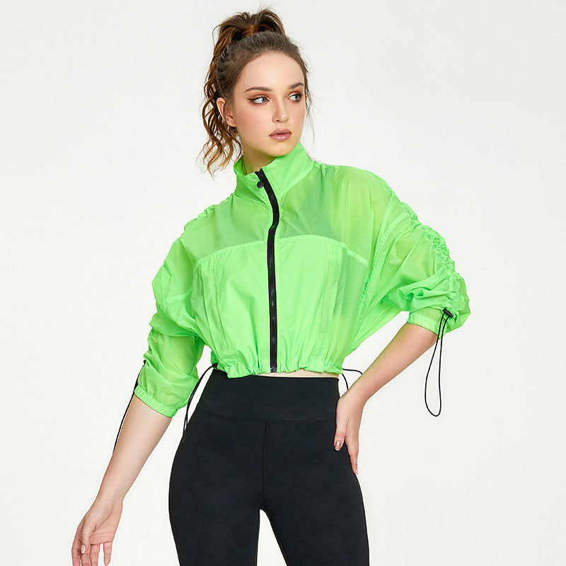 Nylon Zipped Stand Collar Training Sun Protection Workout Clothes Jacket Casual Loose Cardigan Running Fitness Yoga Wear