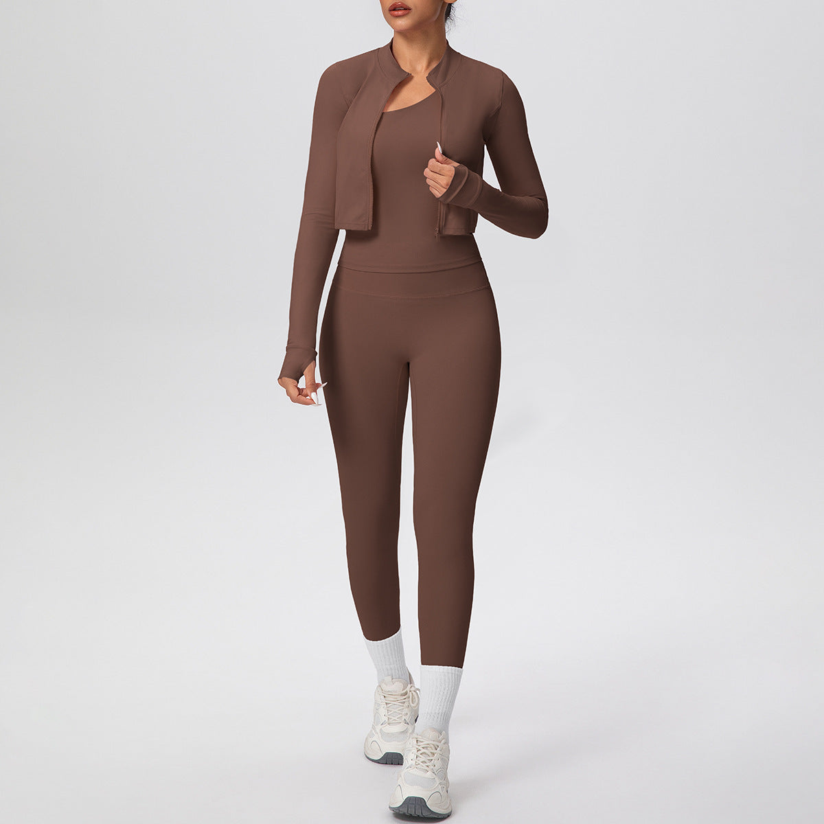 Women Solid Color Zip Long Sleeve Coat Oblique Shoulder Vest Slim Fit Yoga Pants Workout Clothes Yoga Three Piece Set