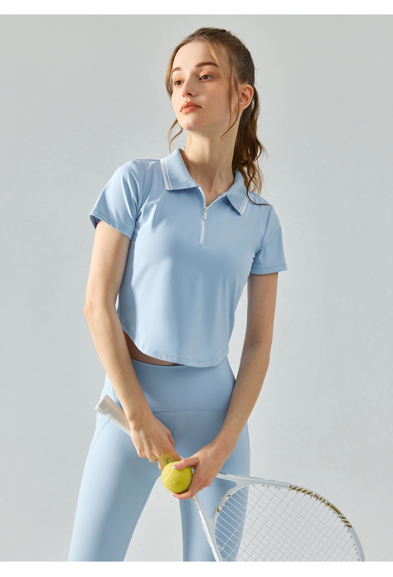 Half Zipper Collared Sports Short Sleeve Women Circular Lower Hem Loose Fitness Top Nude Feel Slim Fit Breathable Yoga Clothes Summer