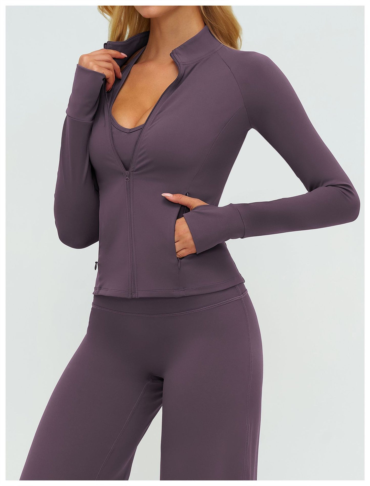 Women Brushed Yoga Jacket Long Sleeved Zipper Pocket Tight Top Outdoor Sports Running Fitness Clothes