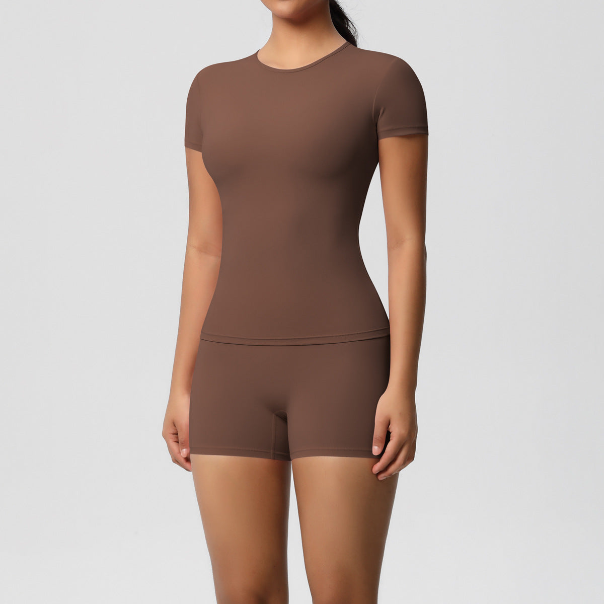 Solid Color Nude Feel Skin Friendly Exercise Yoga Clothes Slim Fit Slimming Stretch T shirt Fitness Shorts Set Women