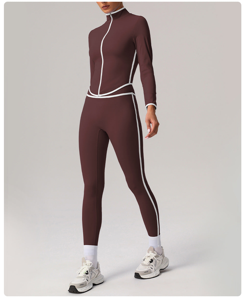 Contrast Color Sports Yoga Jacket Stand Collar Long Sleeve Coat Outdoor Workout Clothes Top