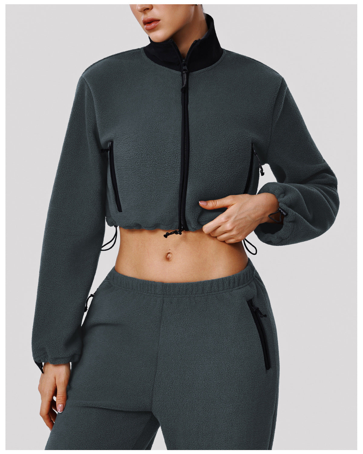 Autumn Winter Thick Polar Fleece Sports Slim Fitting Coat Warm Stand Collar Zipper Pocket Fitness Long Sleeved Upper Garment