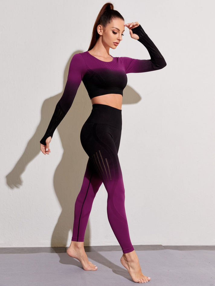 Spring Summer Gradient Exercise Yoga Clothes Quick-Drying Breathable Fitness Running Long Sleeve Trousers Two Piece Set