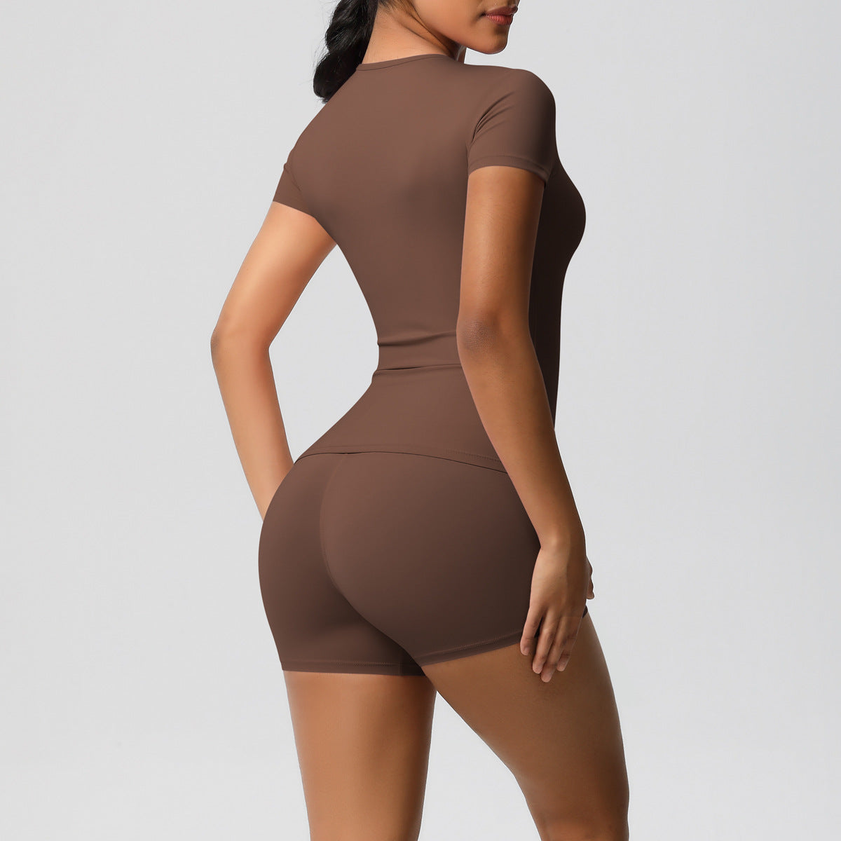 Solid Color Nude Feel Skin Friendly Exercise Yoga Clothes Slim Fit Slimming Stretch T shirt Fitness Shorts Set Women