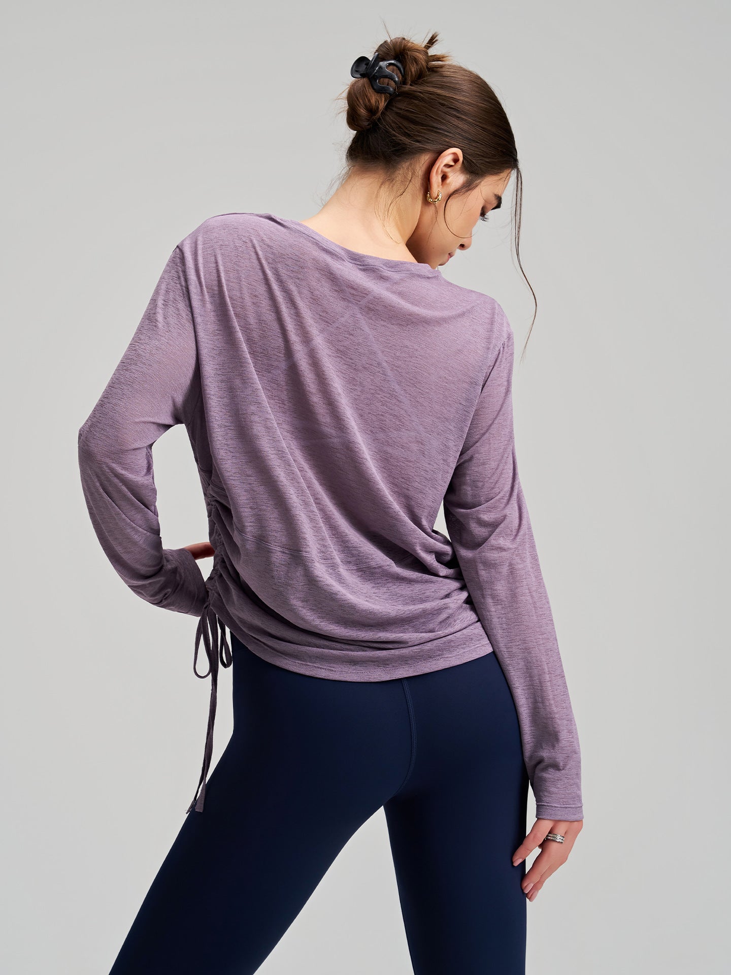 Outer Wear round Neck Yoga Blouse Long Sleeve Thigh Length Side Drawstring T shirt Loose Breathable Fitness Running Yoga Clothes