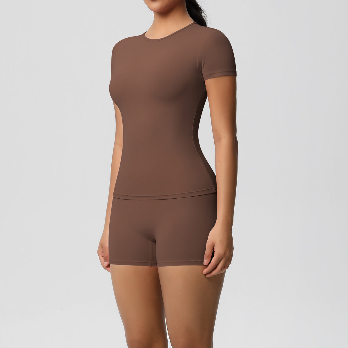 Solid Color Nude Feel Skin Friendly Exercise Yoga Clothes Slim Fit Slimming Stretch T shirt Fitness Shorts Set Women