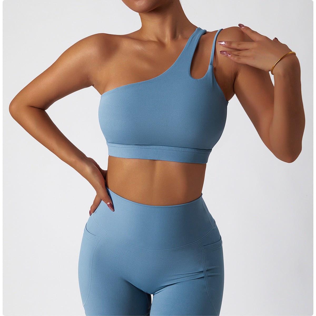 Sollinarry Oblique One Shoulder Shockproof Yoga Bra Cloud Sense Beauty Back Exercise Underwear Irregular Asymmetric Shoulder Strap Running Vest Top