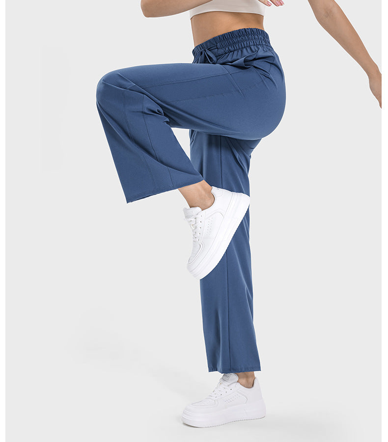 Pocket Slim Fit Slimming High Waist Hip Lift Casual Sports Pants Women Elastic Drawstring Waist Straight Leg Pants