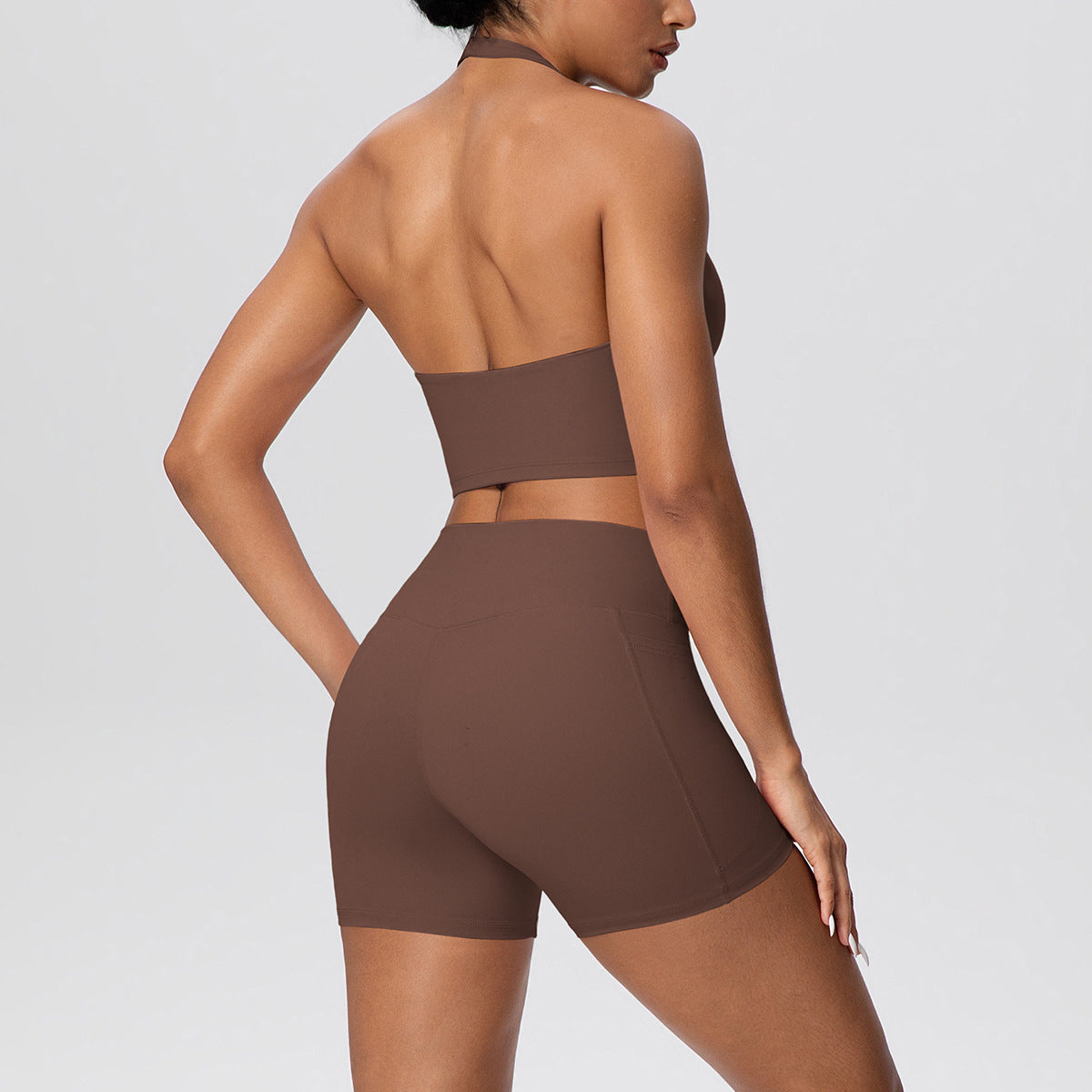 Solid Color Halter Beauty Back Exercise Bra Gathering Vest Pocket Sports Shorts Fitness Pants Yoga Set