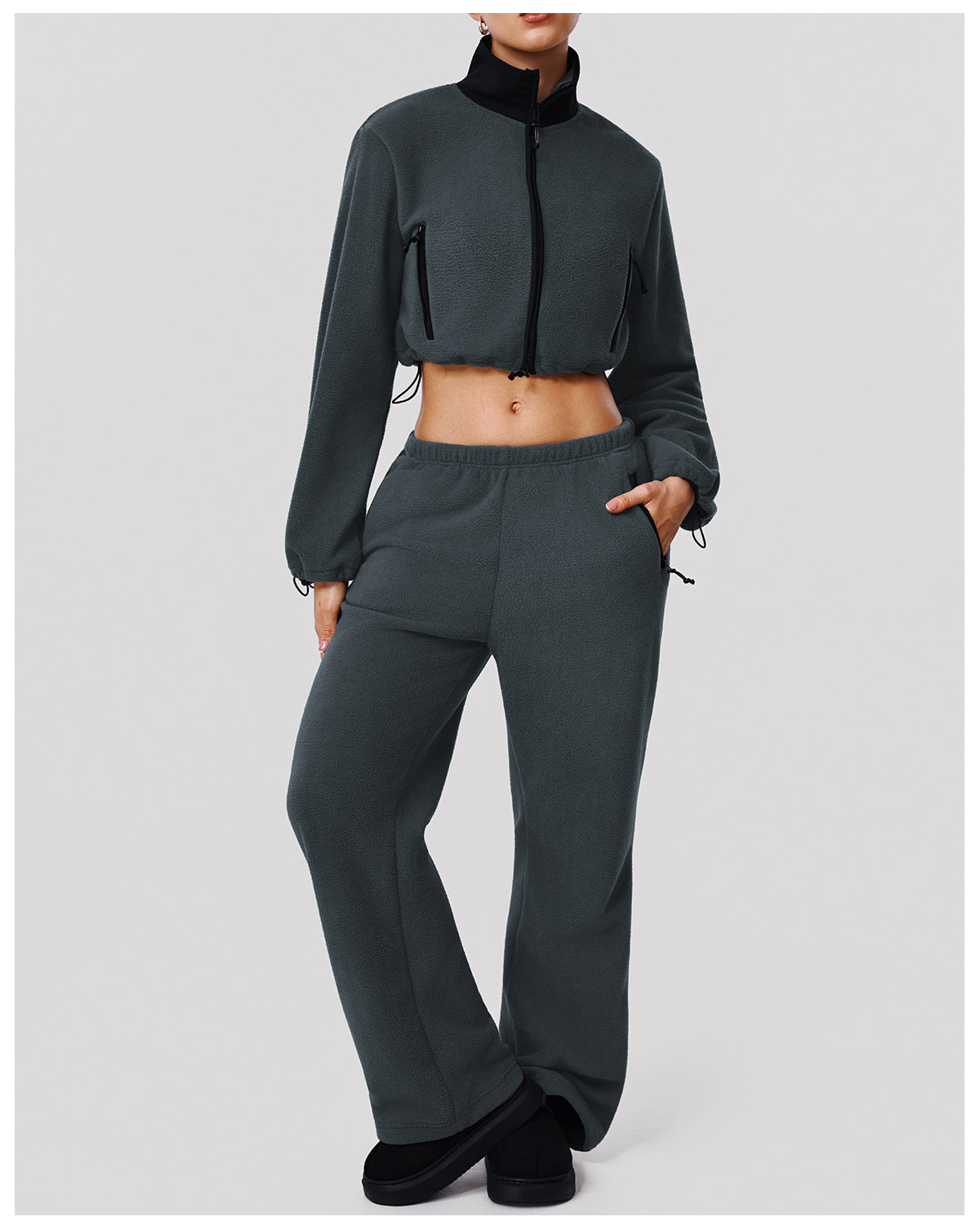 Thickened Double Sided Polar Fleece Casual Autumn Winter Warm Stand Collar Jacket Wide Leg Trousers Sports Two Piece Sets