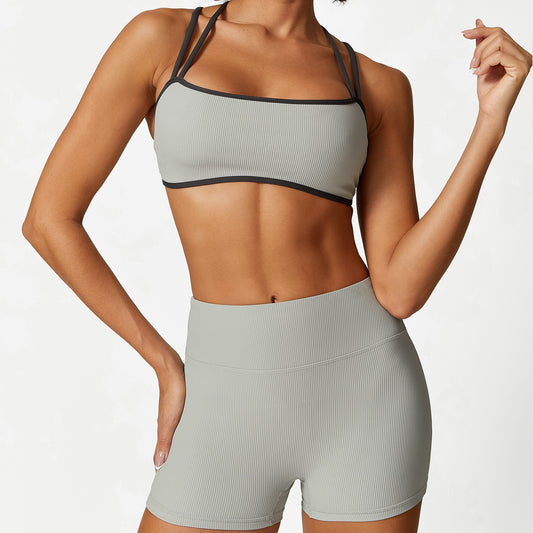 Thread Contrast Color Spaghetti Strap Sports Bra Fitness Clothes High Waist Shorts Yoga Clothes Suit
