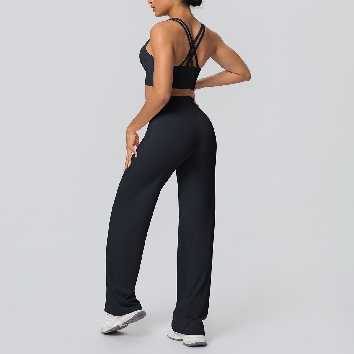 Sexy Cross Shoulder Strap Backless Bra Solid Color Baggy Straight Trousers Fitness Pants Yoga Set for Women
